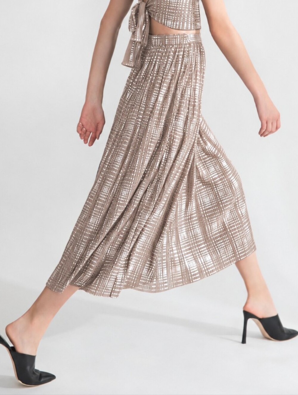 Sabina Musayev Brooklyn Pleated Midi Skirt Metallic Champagne Sz 6 Glam
